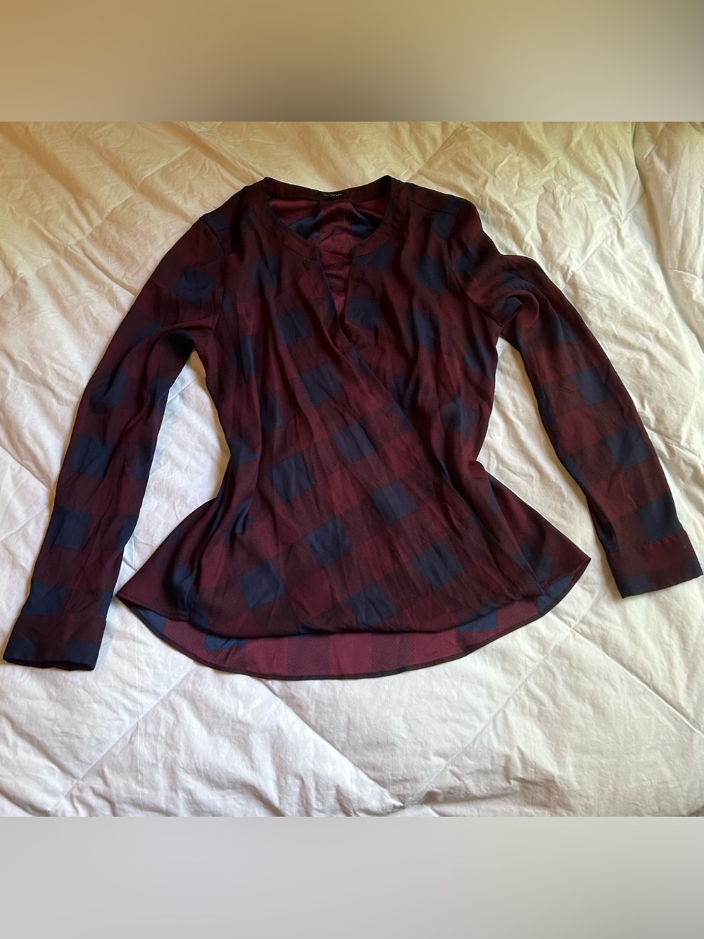 Women’s Long-Sleeve Wrap Blouse - Burgundy and Navy